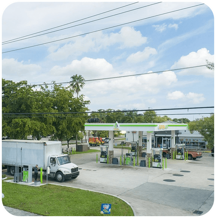 Box truck at pump beside palm tree